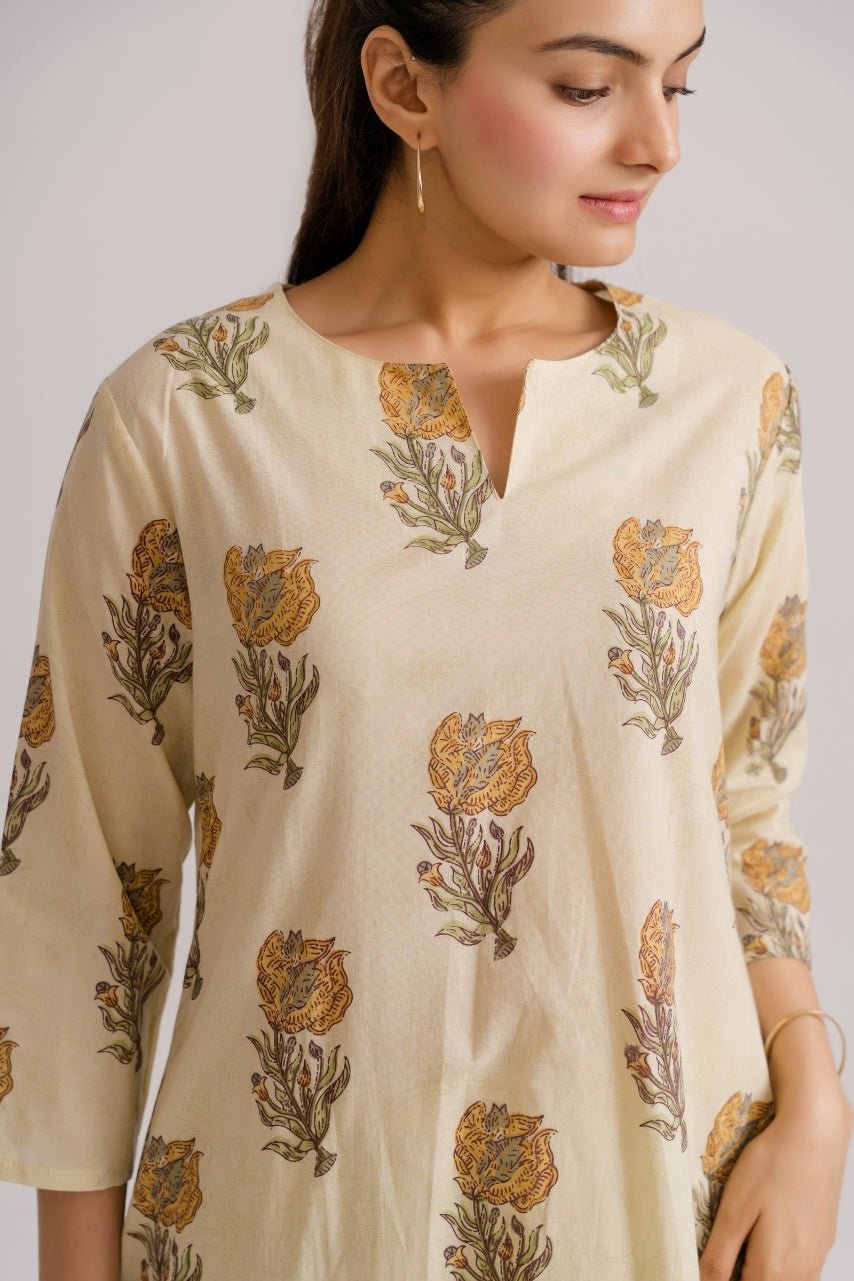 Cream Mustard Buta Block Print Cotton Kurti