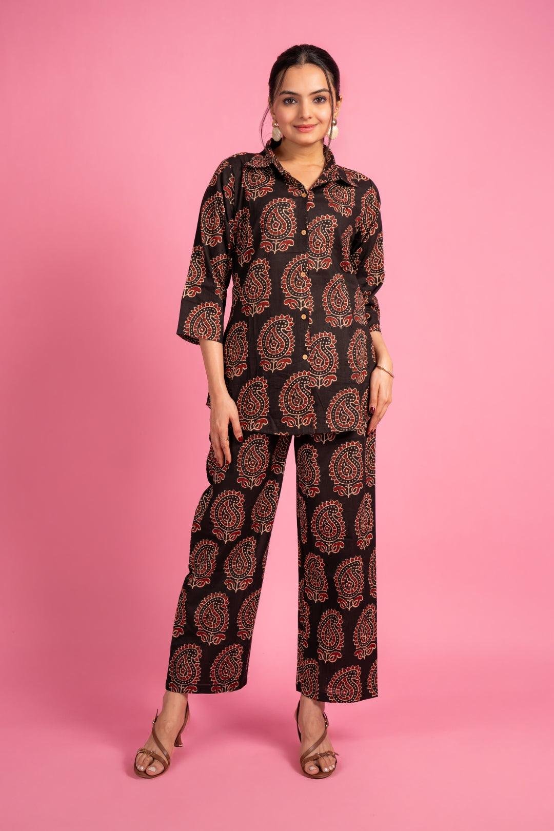 Ekisha's women black floral beautiful multicolor floral printed cotton co-ord set lounge wear