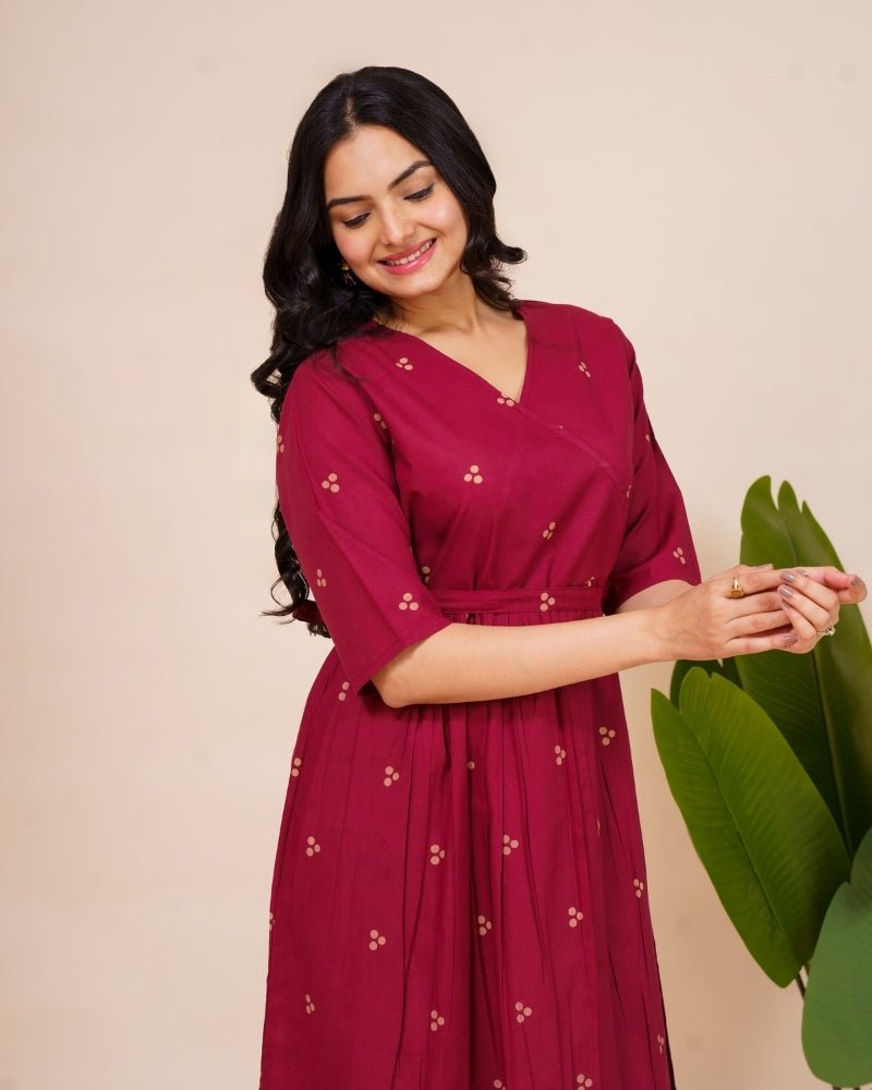 Ekisha's women dark wine printed V neck pure cotton midi dress
