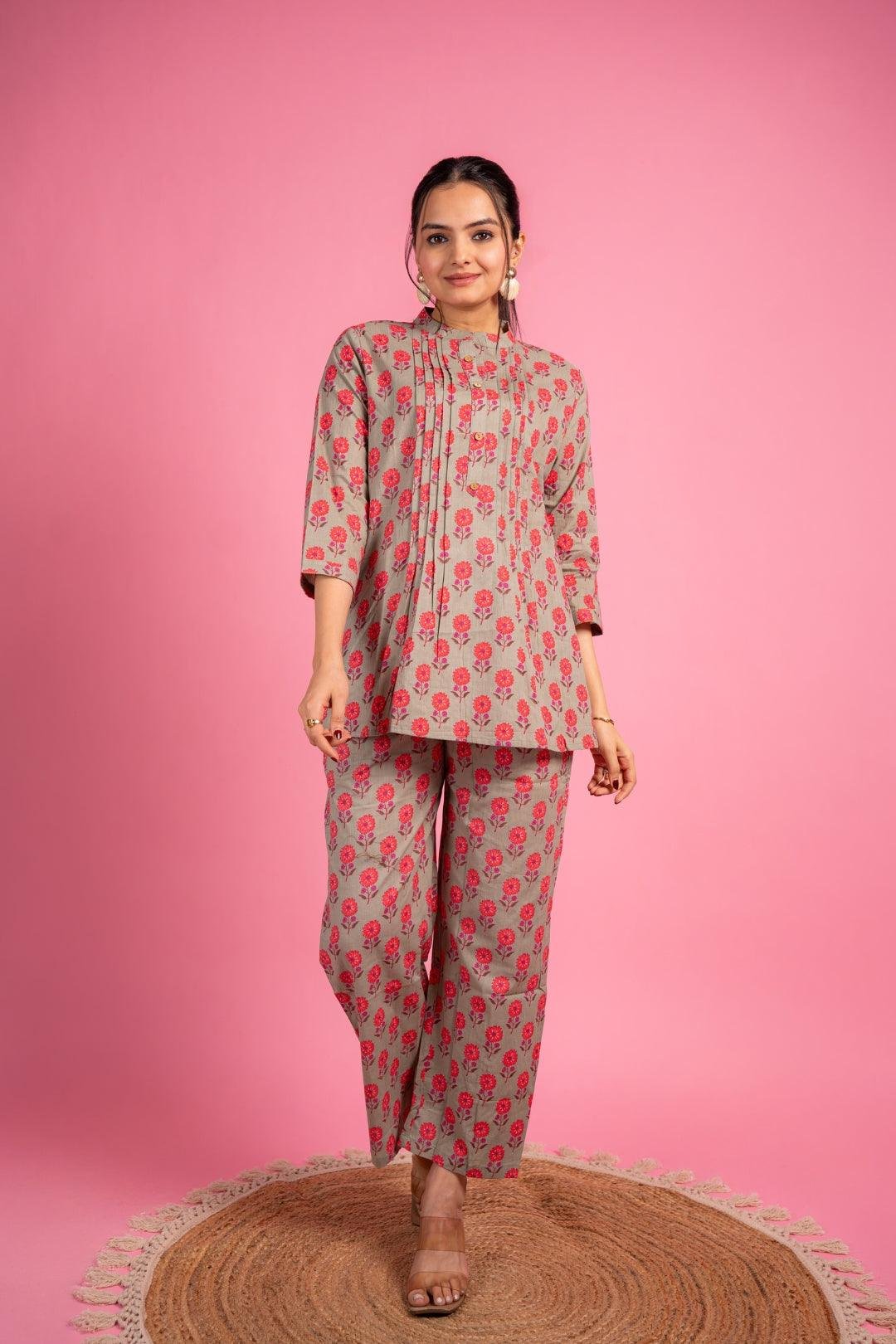 Ekisha's women light green multicolor floral printed cotton co-ord set lounge wear