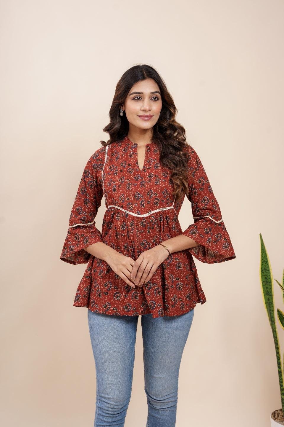Ekisha's women maroon designer kalamkari floral printed cotton tunic top short kurti