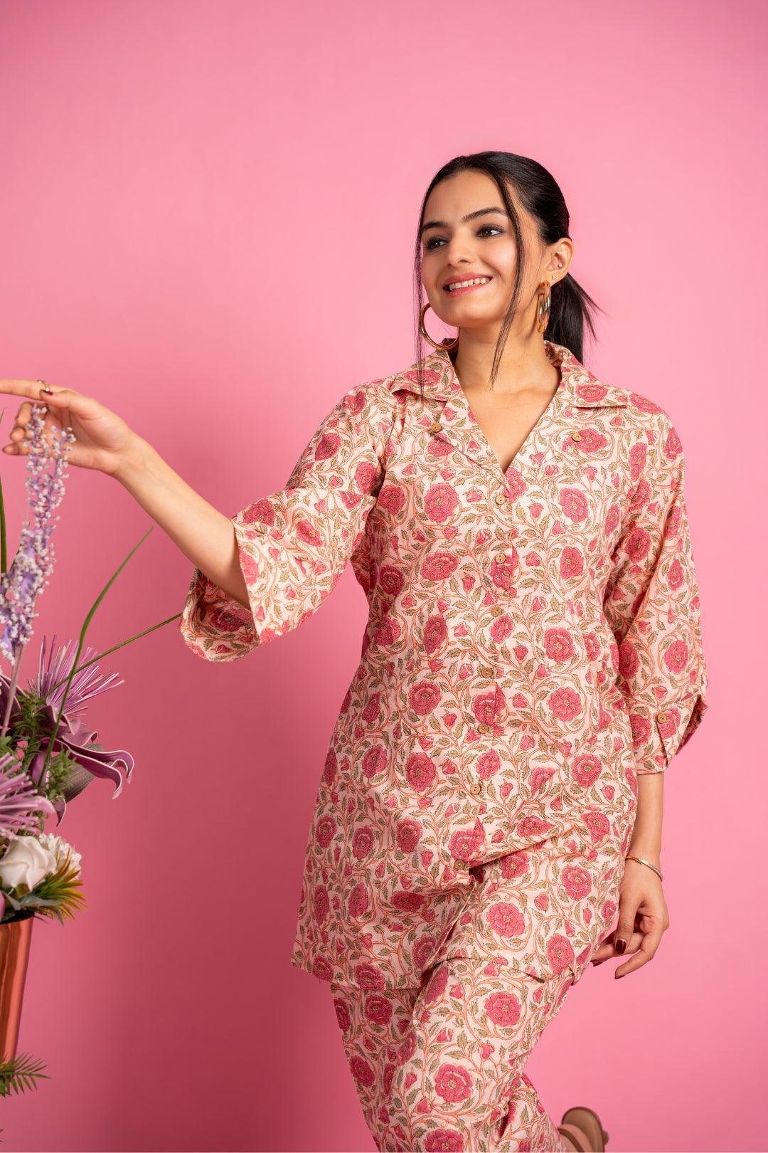 Ekisha's women peach floral beautiful multicolor floral printed cotton co-ord set lounge wear