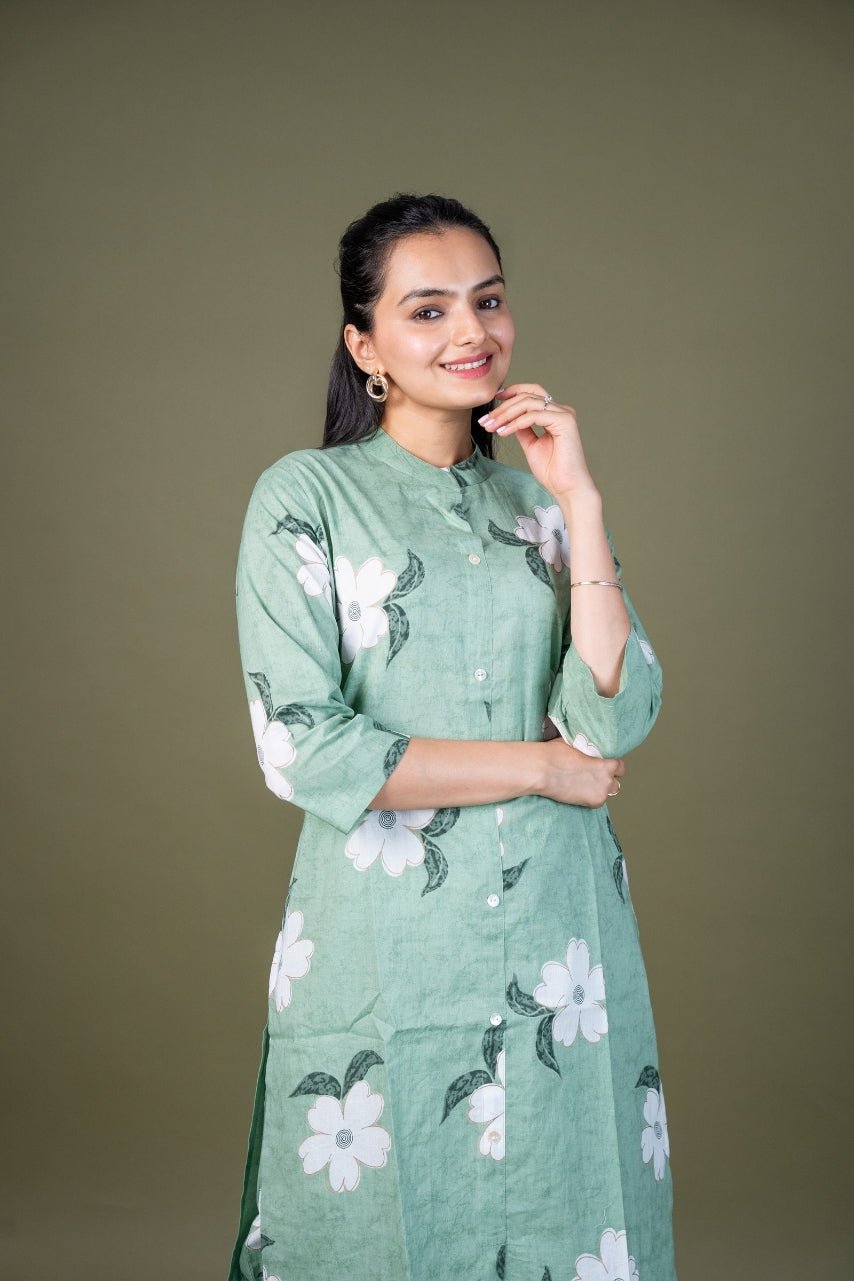 Pista Green Floral Cotton Coord Set for Women | Lounge Wear