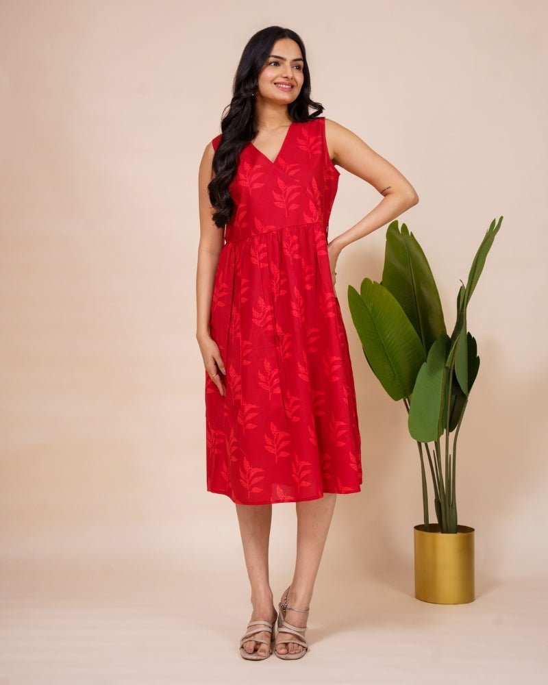 Red Printed Sleeveless Cotton Midi Dress for Women