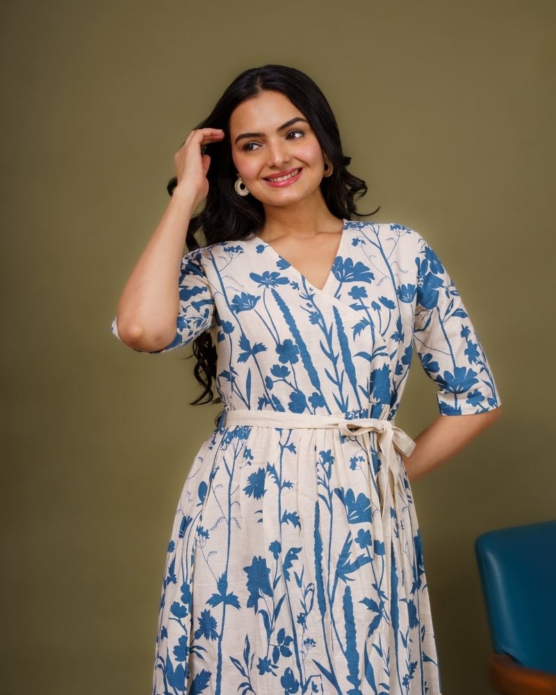 Ekisha's women white blue multicolor floral printed pure cotton midi dress