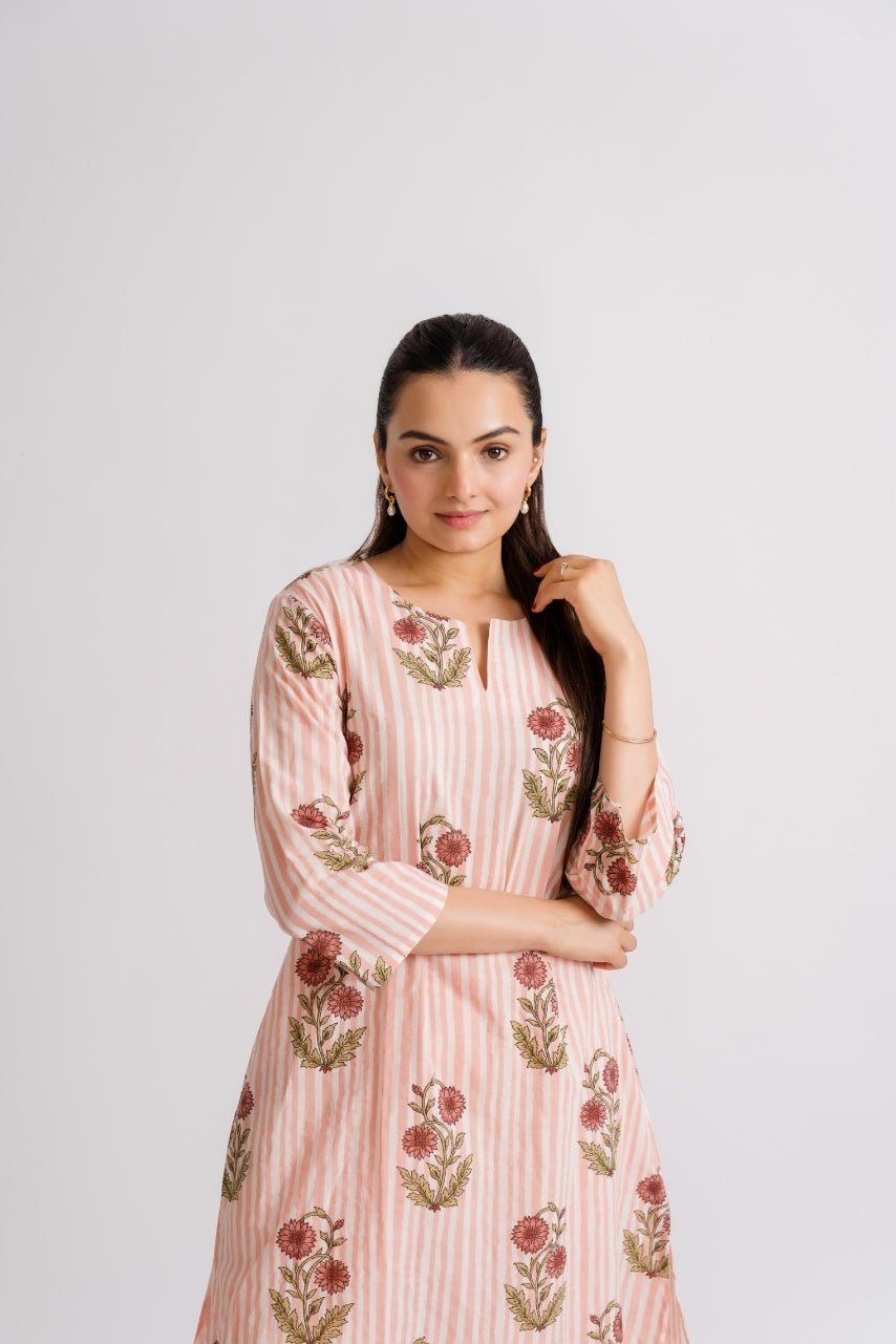 Peach Stripe Marigold Buta Block Print Kurti