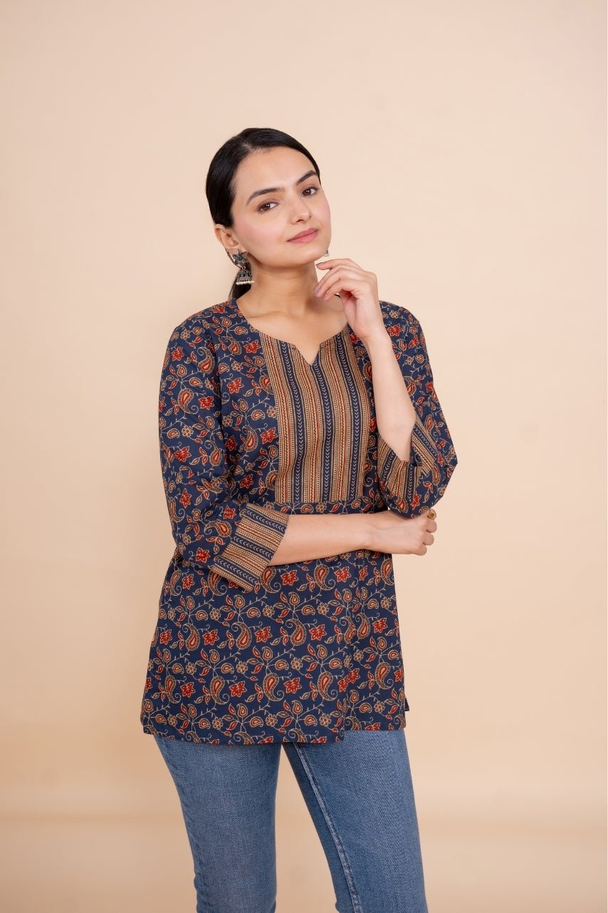 Blue Floral Designer Cotton Tunic Top for Women | Short Kurti