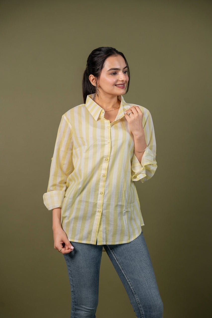Ekisha Women cotton white yellow stripes relaxed fit shirt