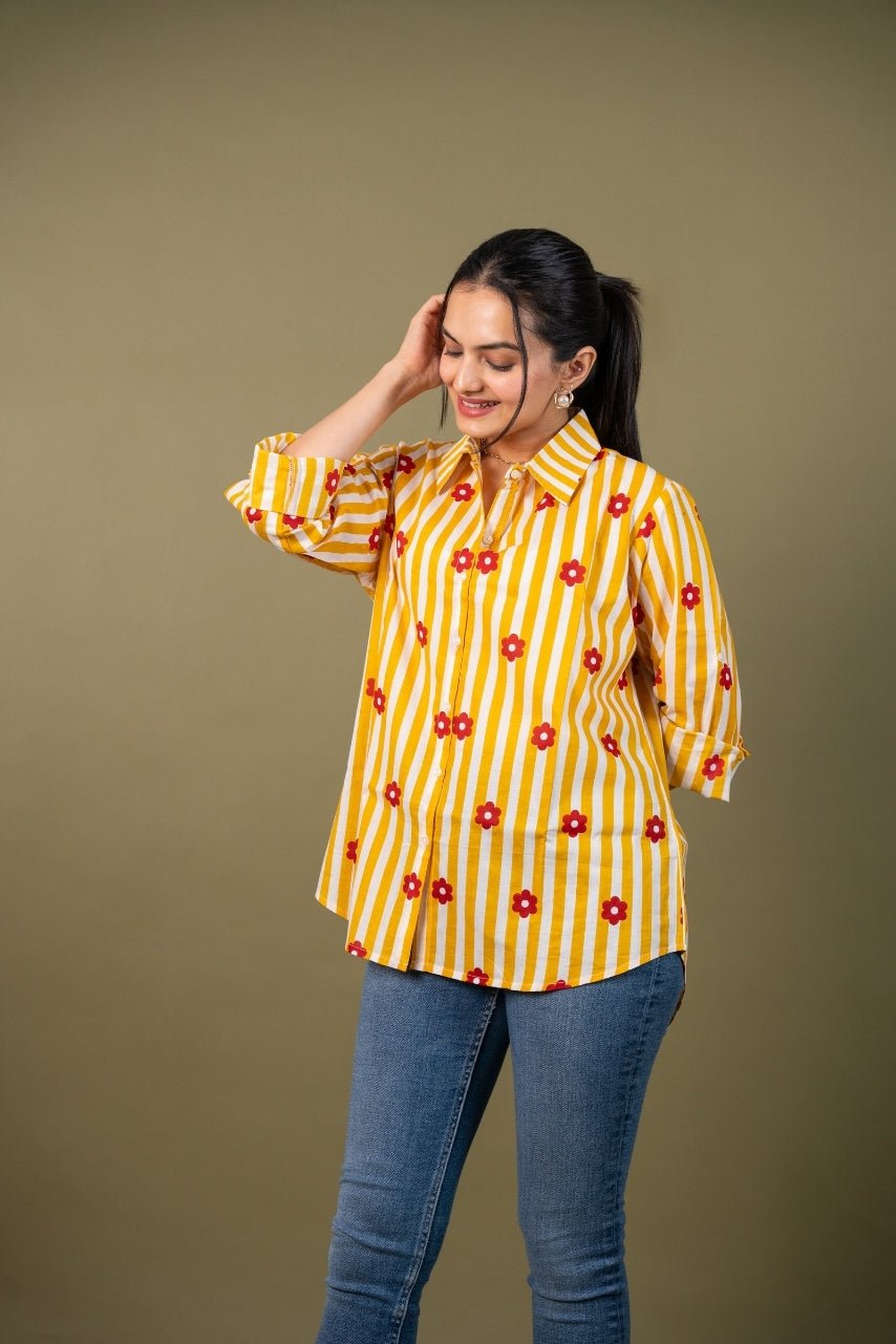 Ekisha Women cotton yellow white stripes relaxed fit shirt